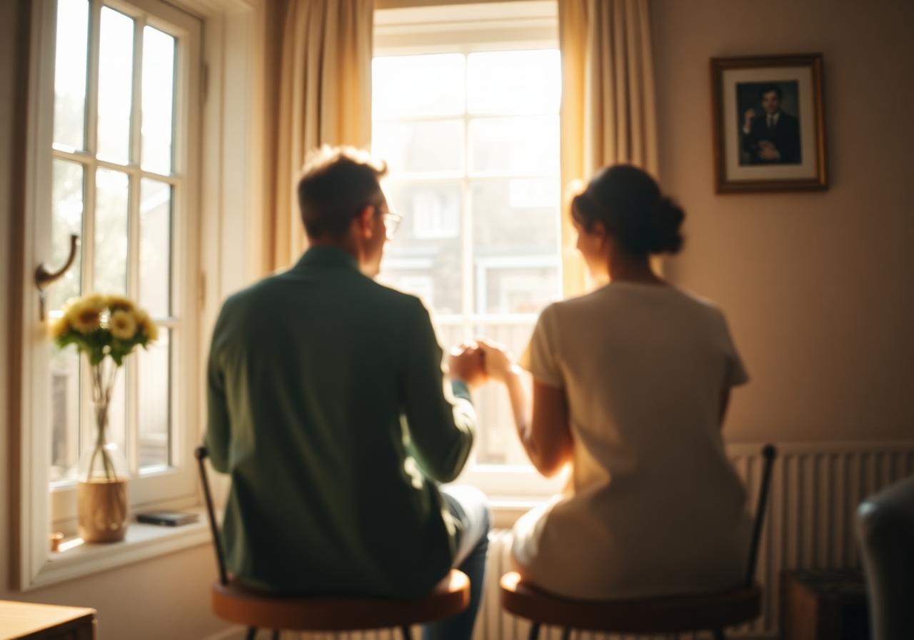 A couple sitting together by a sunlit window at home